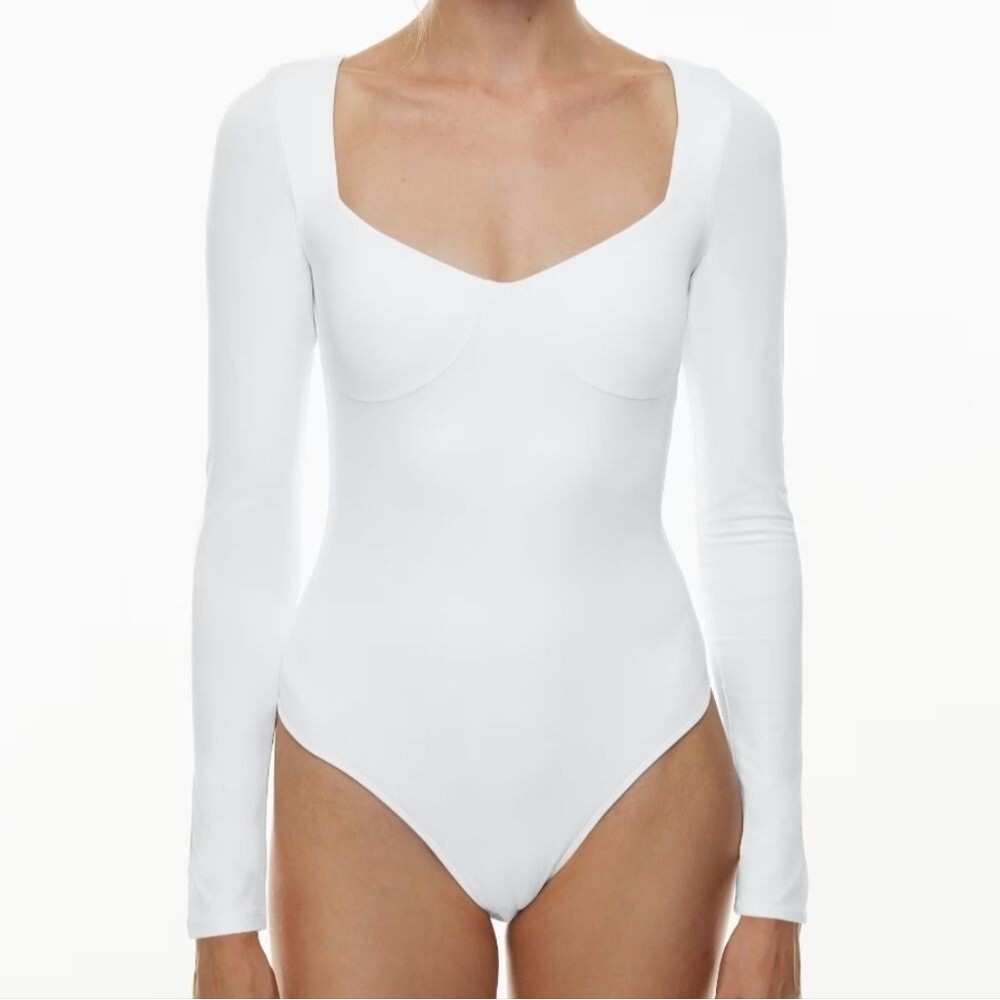 Babaton White Long-Sleeve Scoop Neck Bodysuit